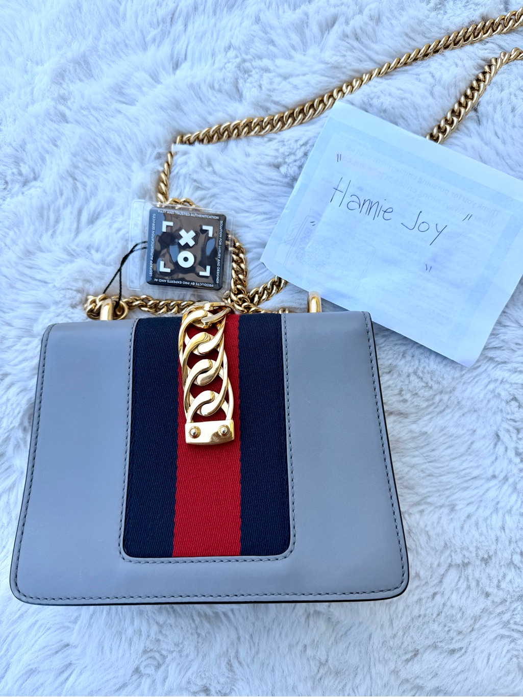 Gucci Gray Leather Crossbody With Red & Navy Web Stripe And Gold Chain